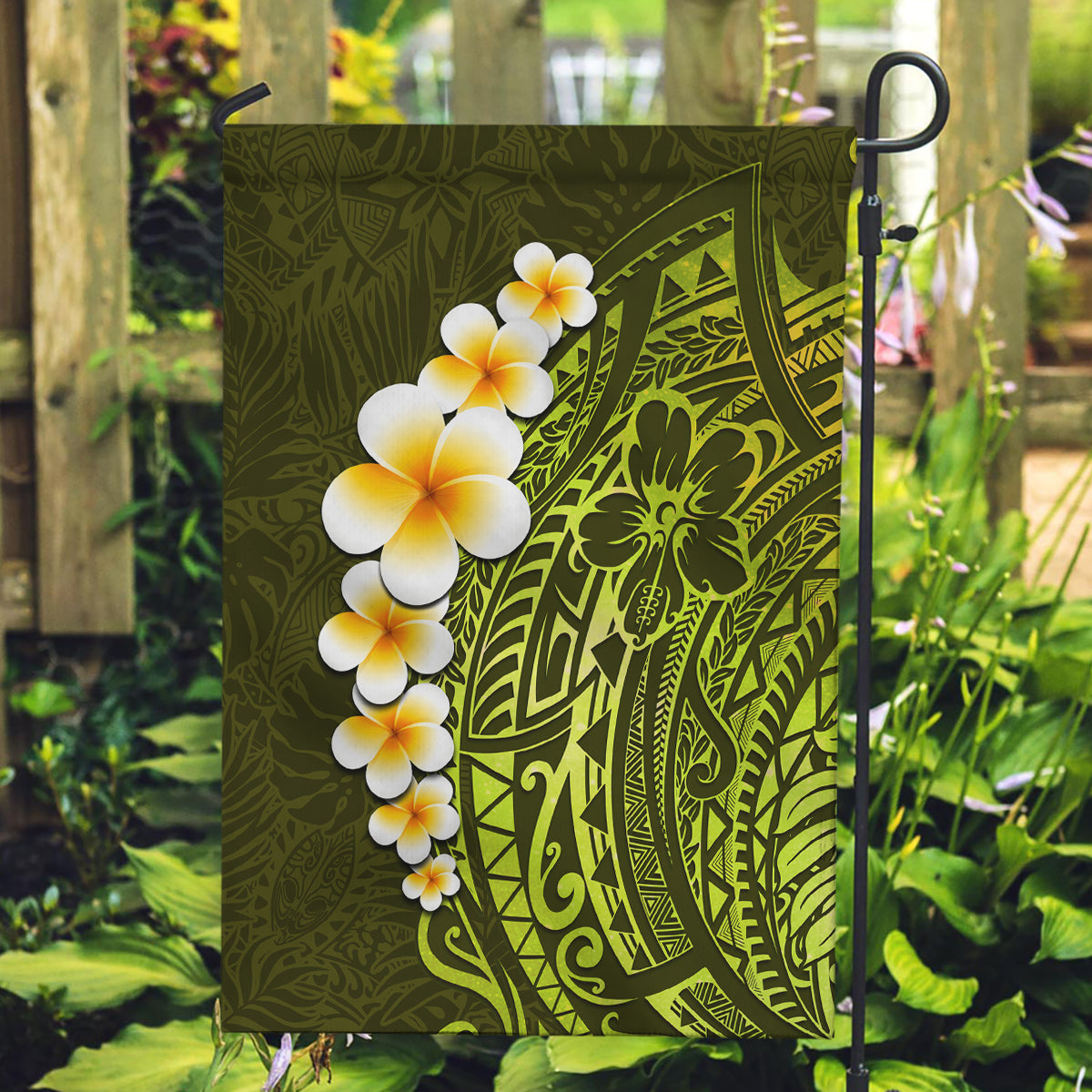 Lime Green Tropical Plumeria With Galaxy Polynesian Art Garden Flag LT14 Garden Flag Lime Green - Polynesian Pride