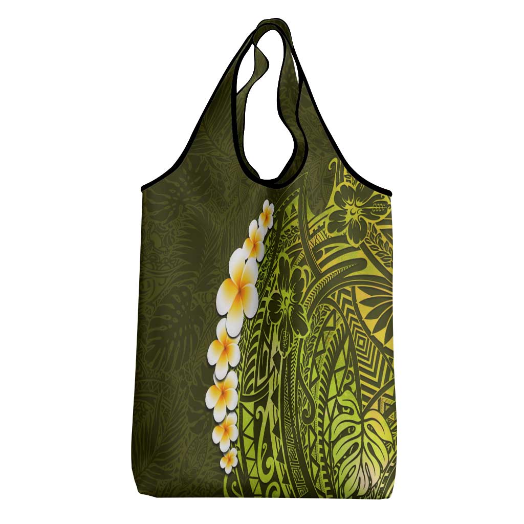 Lime Green Tropical Plumeria With Galaxy Polynesian Art Grocery Bag LT14 - Polynesian Pride