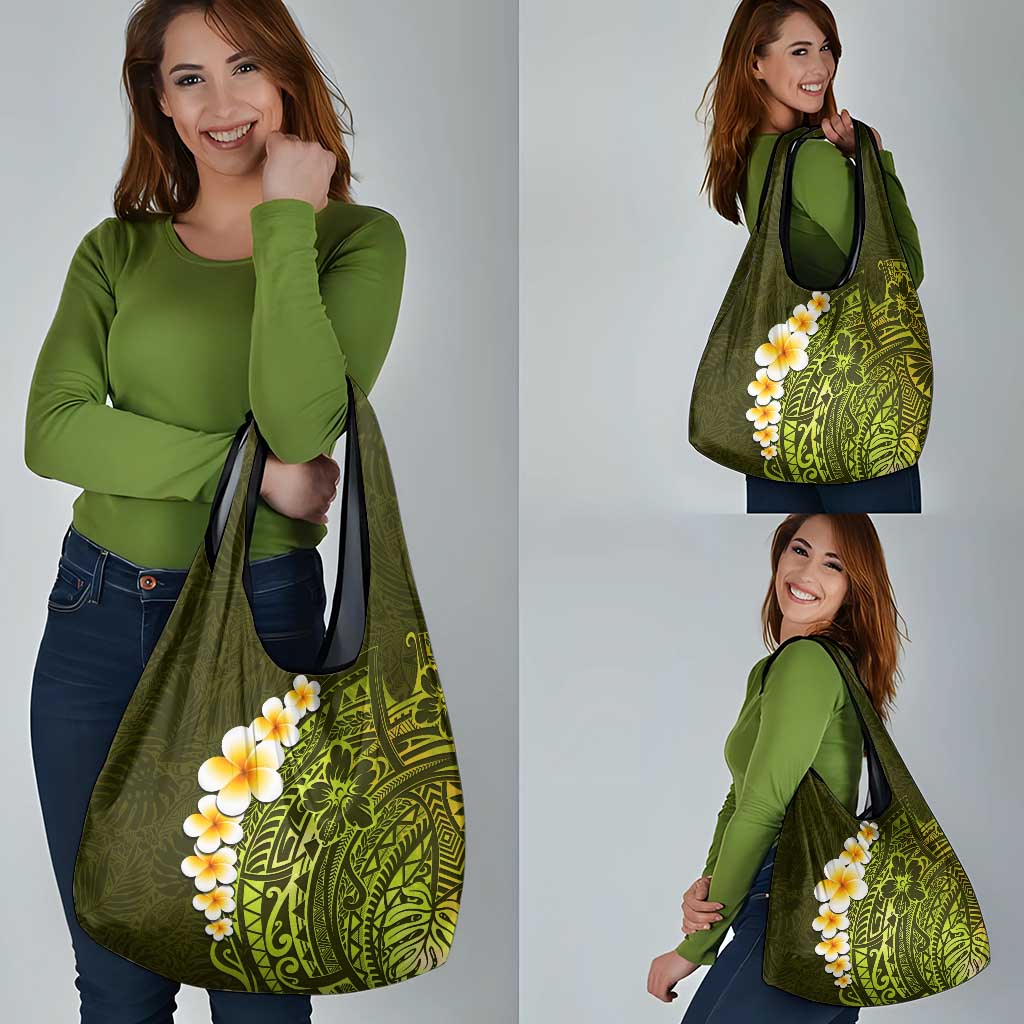 Lime Green Tropical Plumeria With Galaxy Polynesian Art Grocery Bag LT14 - Polynesian Pride