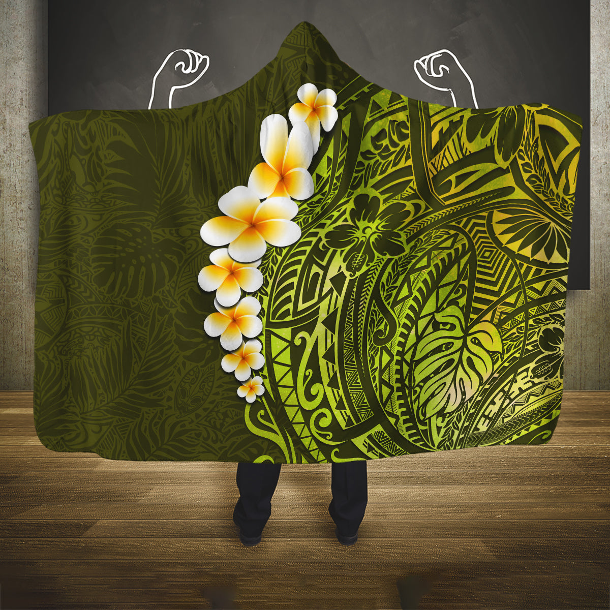 Lime Green Tropical Plumeria With Galaxy Polynesian Art Hooded Blanket LT14 One Size Lime Green - Polynesian Pride