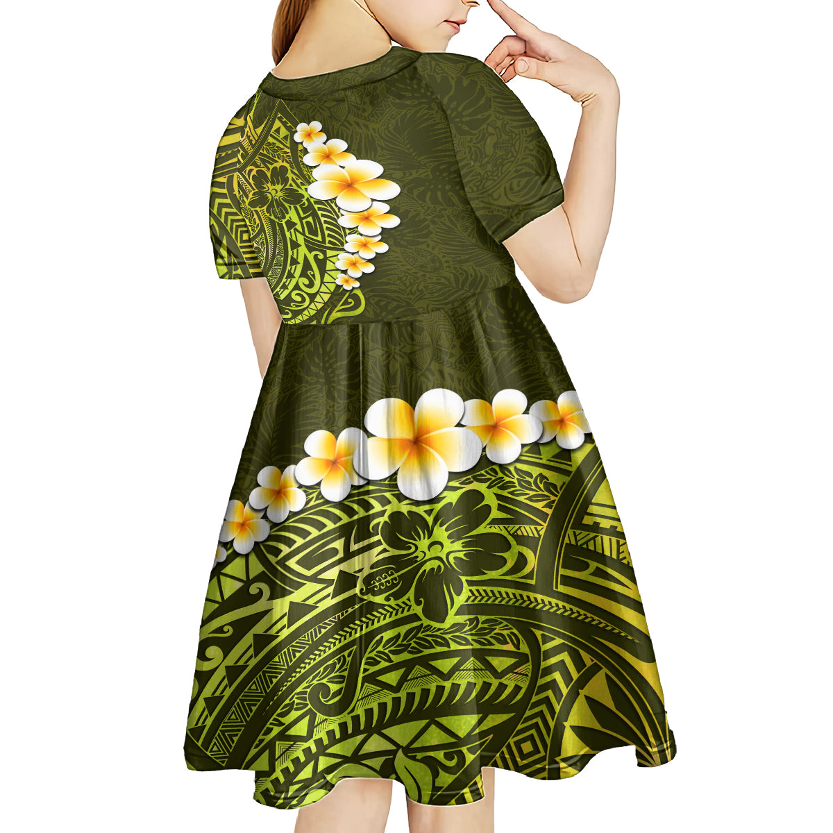Lime Green Tropical Plumeria With Galaxy Polynesian Art Kid Short Sleeve Dress LT14 - Polynesian Pride