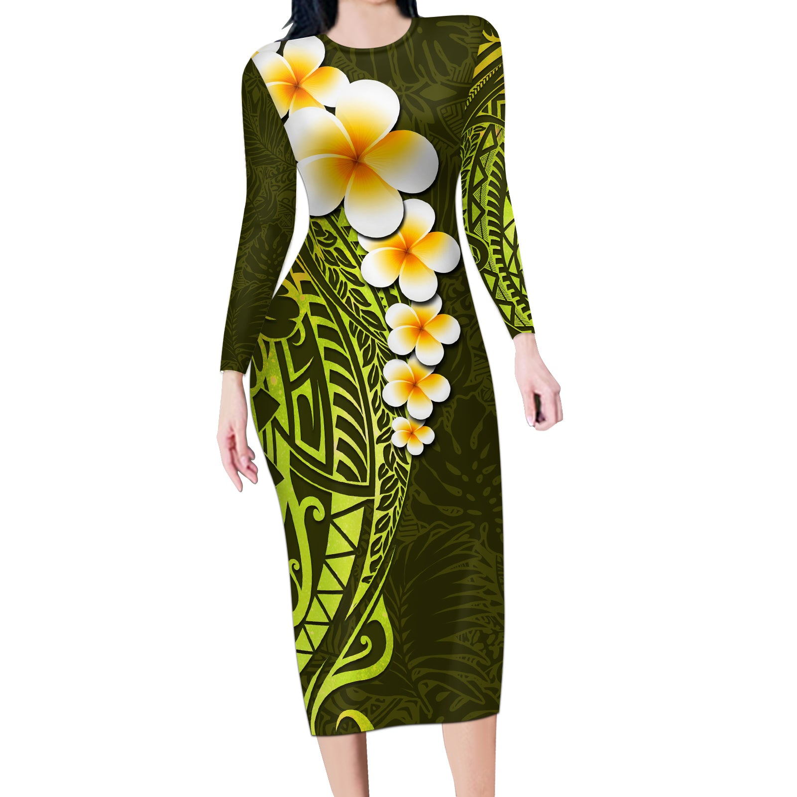 Lime Green Tropical Plumeria With Galaxy Polynesian Art Long Sleeve Bodycon Dress LT14 Long Dress Lime Green - Polynesian Pride