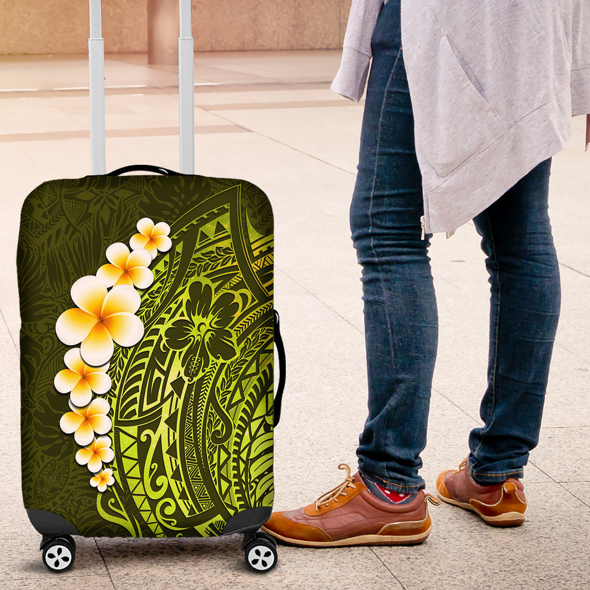 Lime Green Tropical Plumeria With Galaxy Polynesian Art Luggage Cover LT14 Lime Green - Polynesian Pride