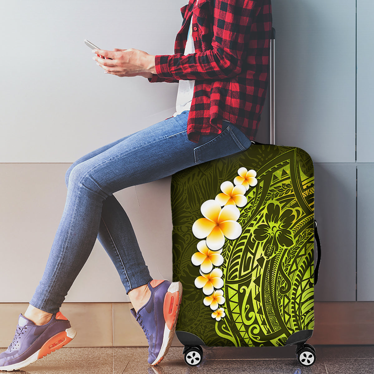 Lime Green Tropical Plumeria With Galaxy Polynesian Art Luggage Cover LT14 - Polynesian Pride