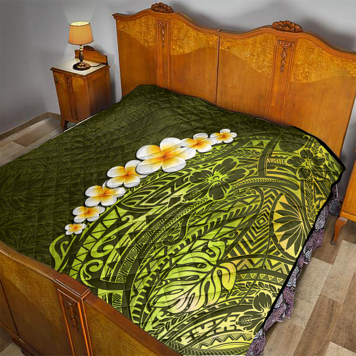 Lime Green Tropical Plumeria With Galaxy Polynesian Art Quilt LT14 - Polynesian Pride