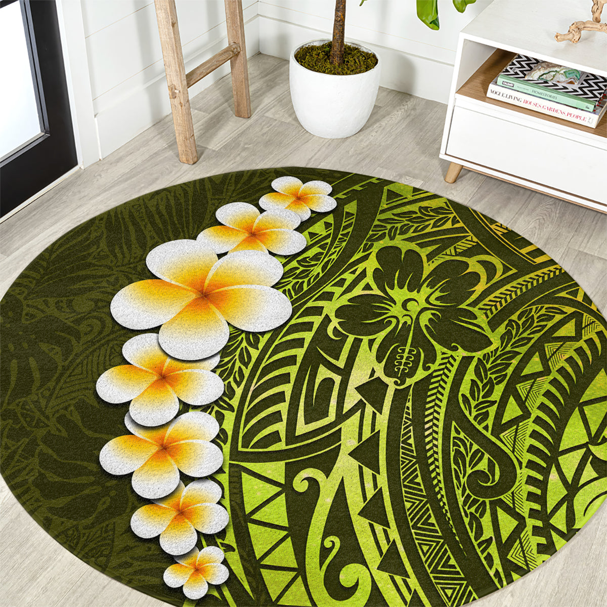 Lime Green Tropical Plumeria With Galaxy Polynesian Art Round Carpet LT14 Lime Green - Polynesian Pride