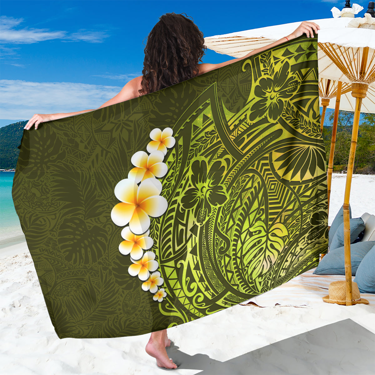 Lime Green Tropical Plumeria With Galaxy Polynesian Art Sarong LT14 One Size 44 x 66 inches Lime Green - Polynesian Pride