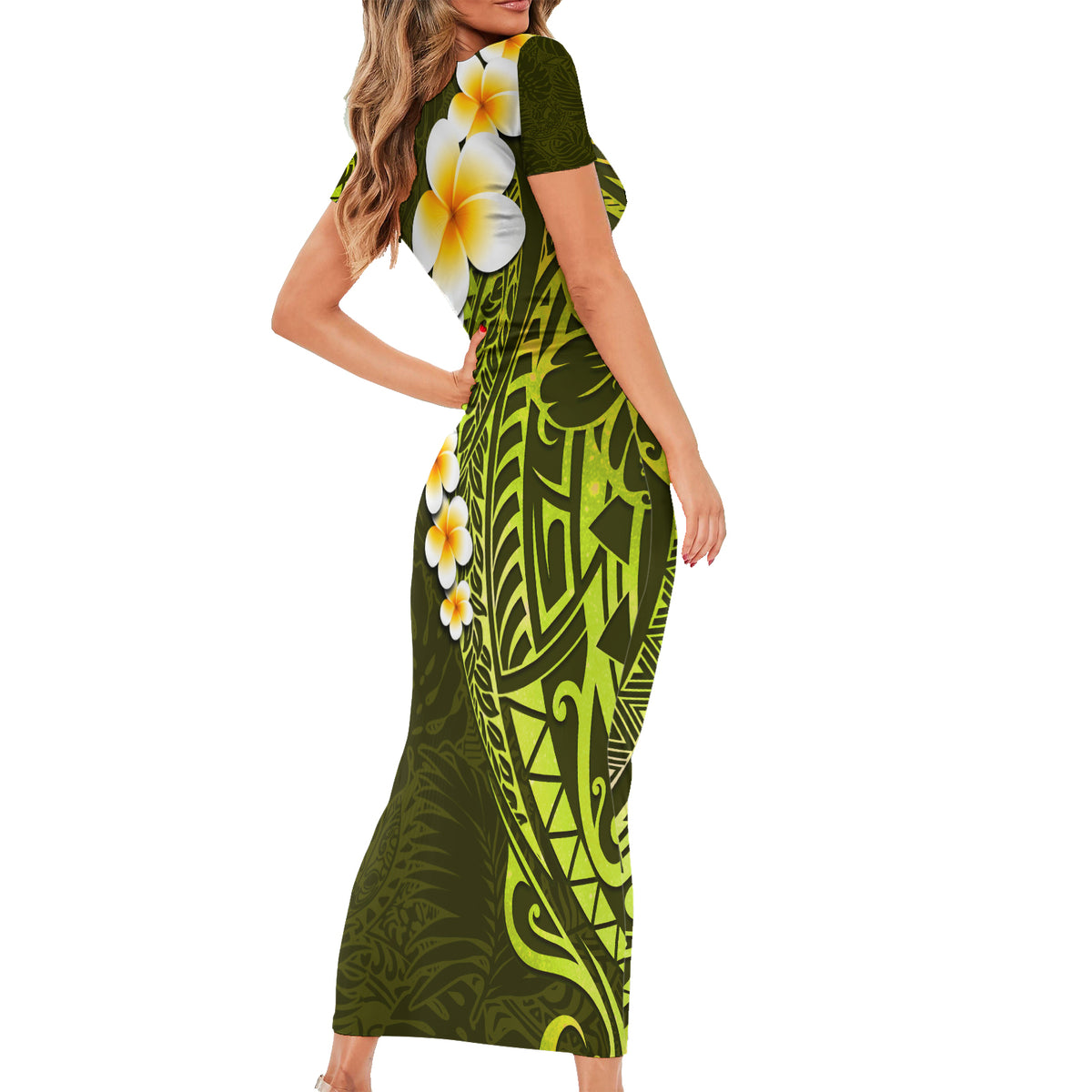 Lime Green Tropical Plumeria With Galaxy Polynesian Art Short Sleeve Bodycon Dress LT14 - Polynesian Pride
