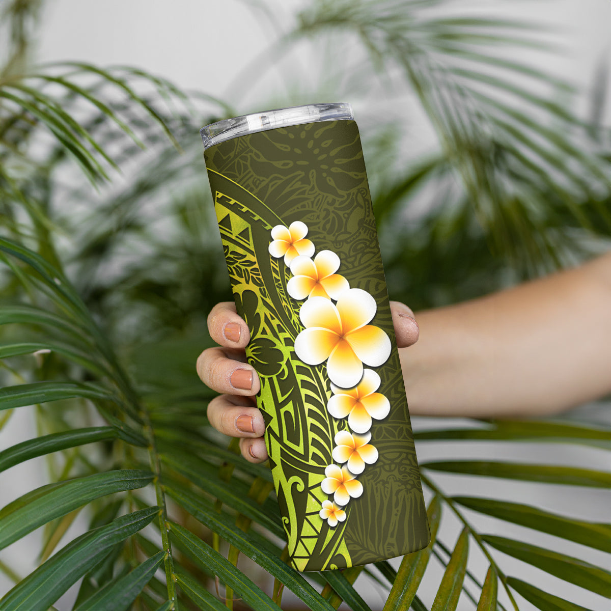 Lime Green Tropical Plumeria With Galaxy Polynesian Art Skinny Tumbler