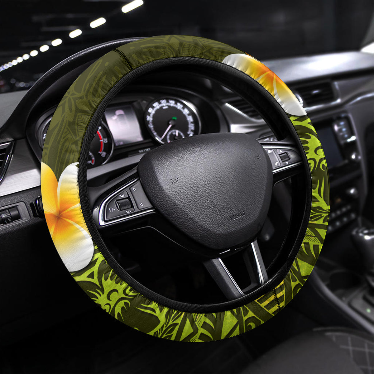 Lime Green Tropical Plumeria With Galaxy Polynesian Art Steering Wheel Cover LT14 Universal Fit Lime Green - Polynesian Pride