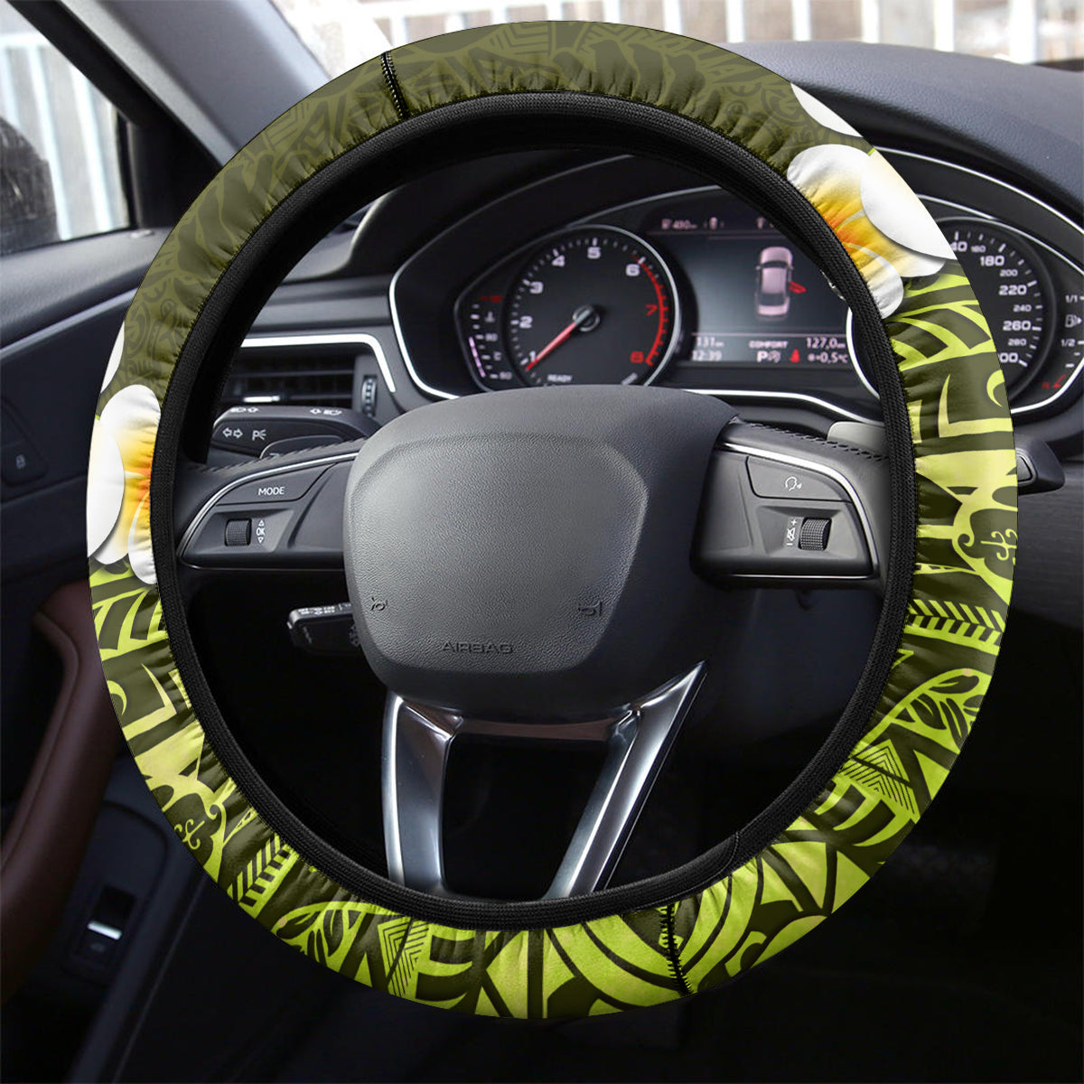 Lime Green Tropical Plumeria With Galaxy Polynesian Art Steering Wheel Cover LT14 - Polynesian Pride