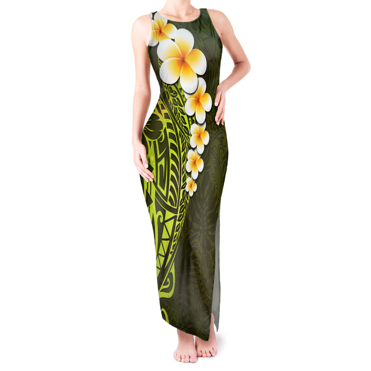 Lime Green Tropical Plumeria With Galaxy Polynesian Art Tank Maxi Dress LT14 Women Lime Green - Polynesian Pride