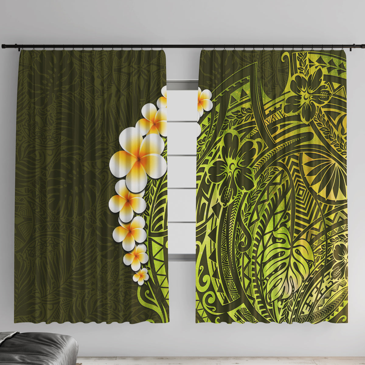 Lime Green Tropical Plumeria With Galaxy Polynesian Art Window Curtain LT14 With Hooks Lime Green - Polynesian Pride