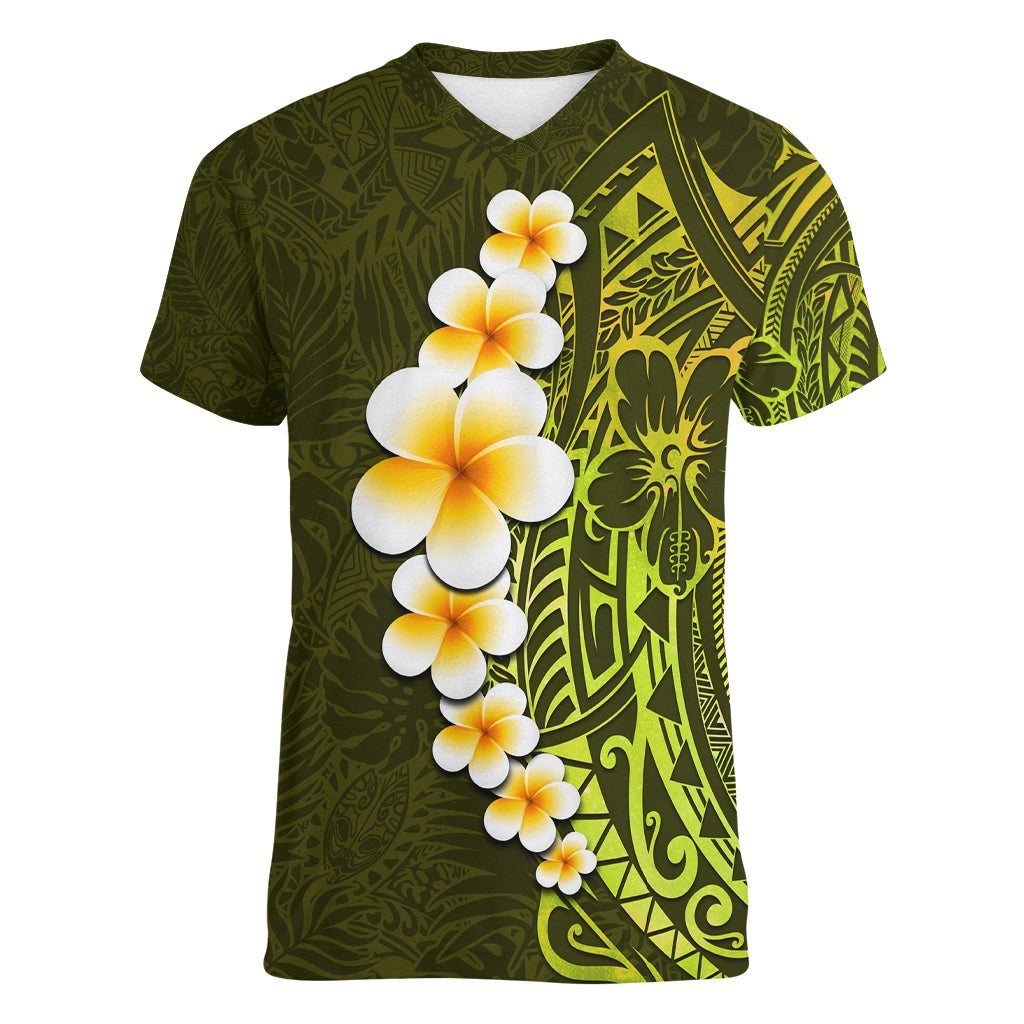 Lime Green Tropical Plumeria With Galaxy Polynesian Art Women V Neck T Shirt LT14 Female Lime Green - Polynesian Pride