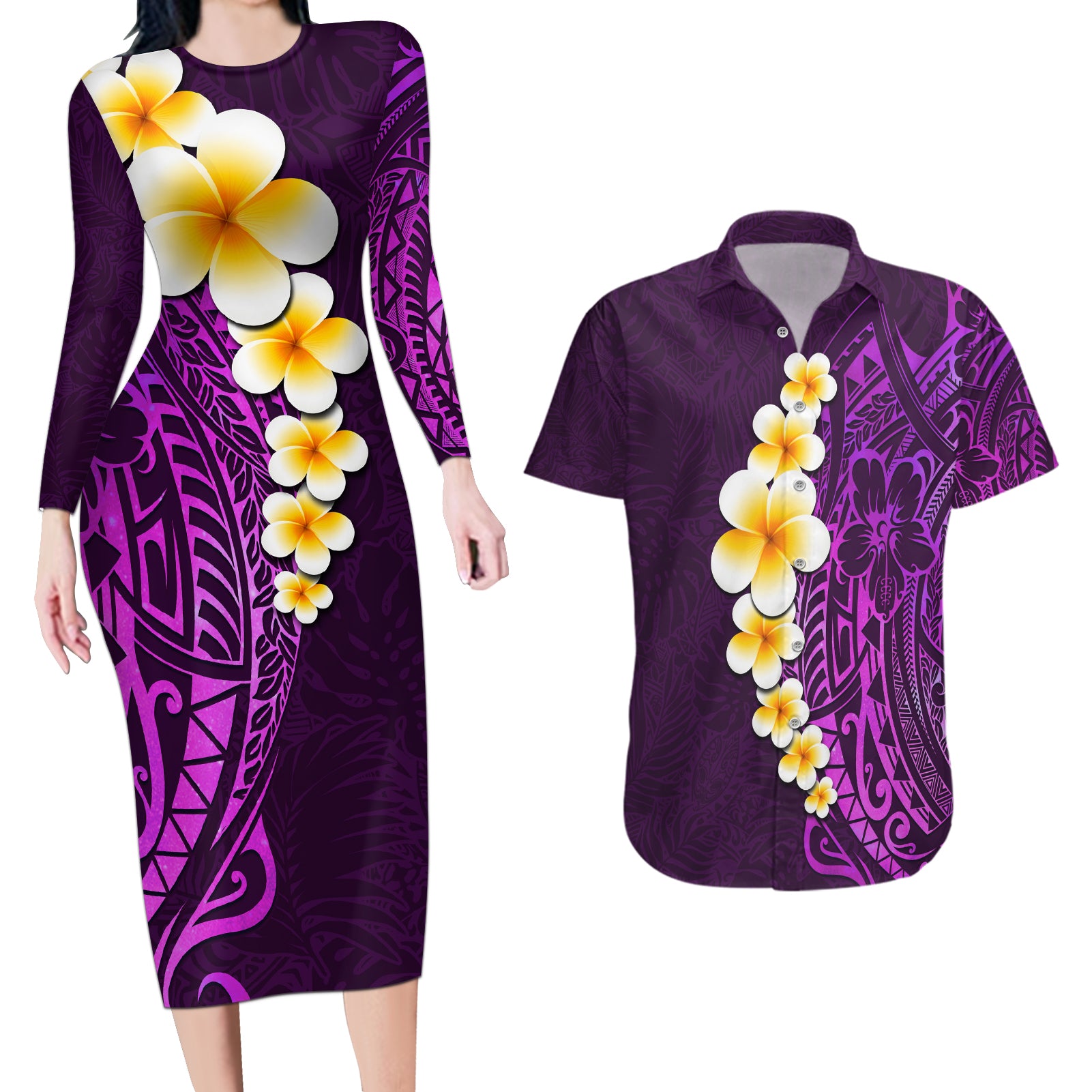 Purple Tropical Plumeria With Galaxy Polynesian Art Couples Matching Long Sleeve Bodycon Dress and Hawaiian Shirt LT14 Purple - Polynesian Pride