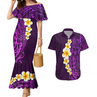 Purple Tropical Plumeria With Galaxy Polynesian Art Couples Matching Mermaid Dress and Hawaiian Shirt LT14 Purple - Polynesian Pride
