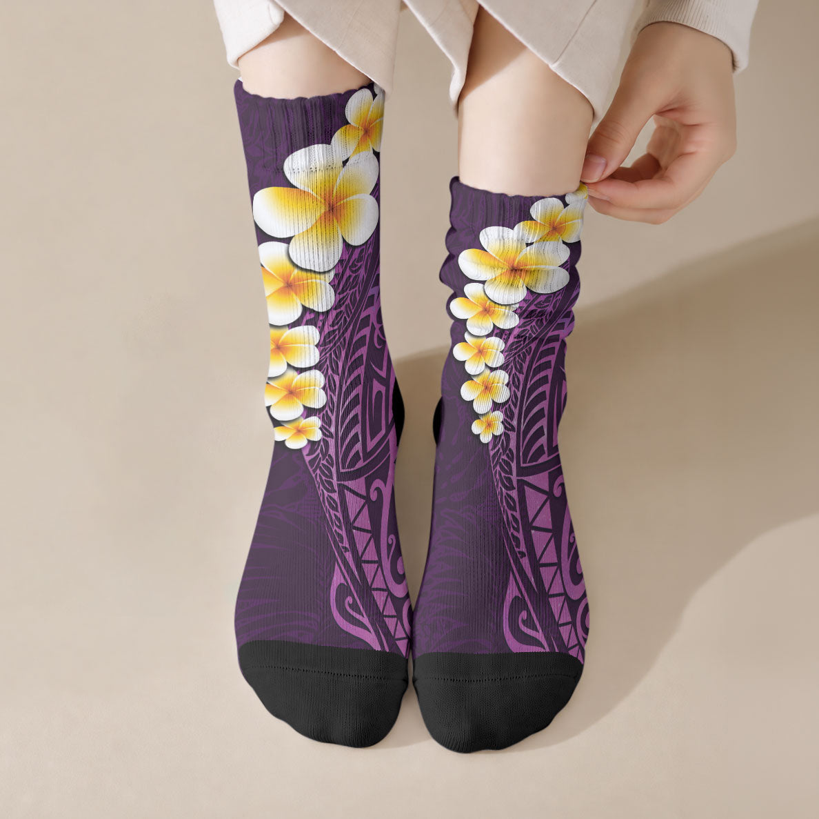 Purple Tropical Plumeria With Galaxy Polynesian Art Crew Socks
