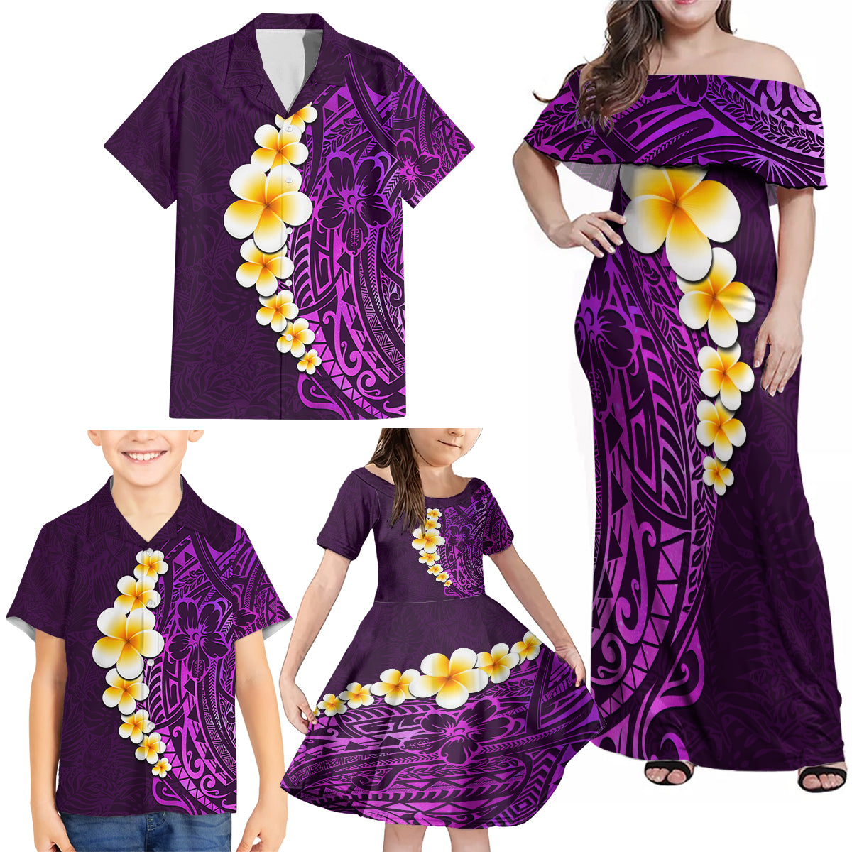 Purple Tropical Plumeria With Galaxy Polynesian Art Family Matching Off Shoulder Maxi Dress and Hawaiian Shirt LT14 - Polynesian Pride