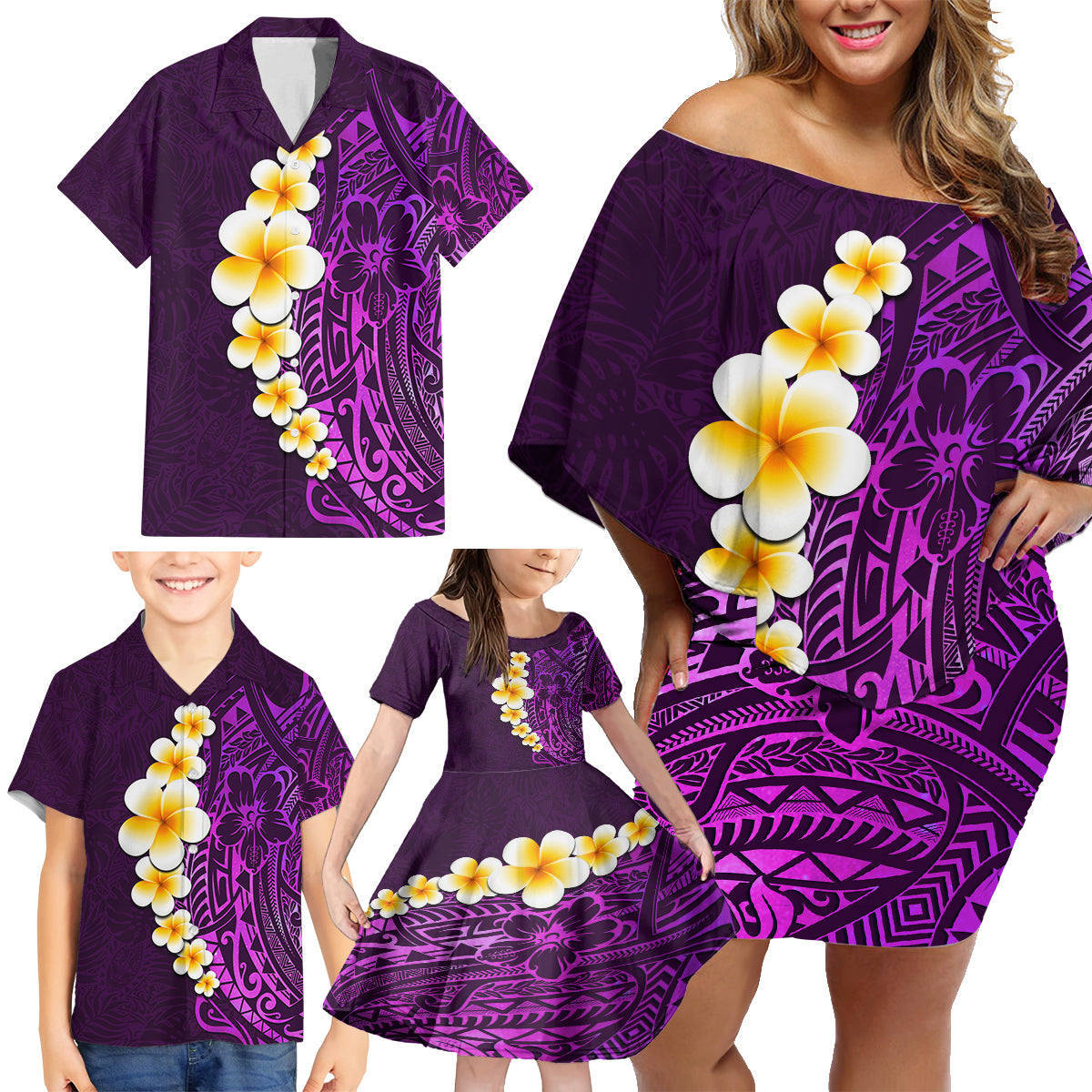 Purple Tropical Plumeria With Galaxy Polynesian Art Family Matching Off Shoulder Short Dress and Hawaiian Shirt LT14 - Polynesian Pride