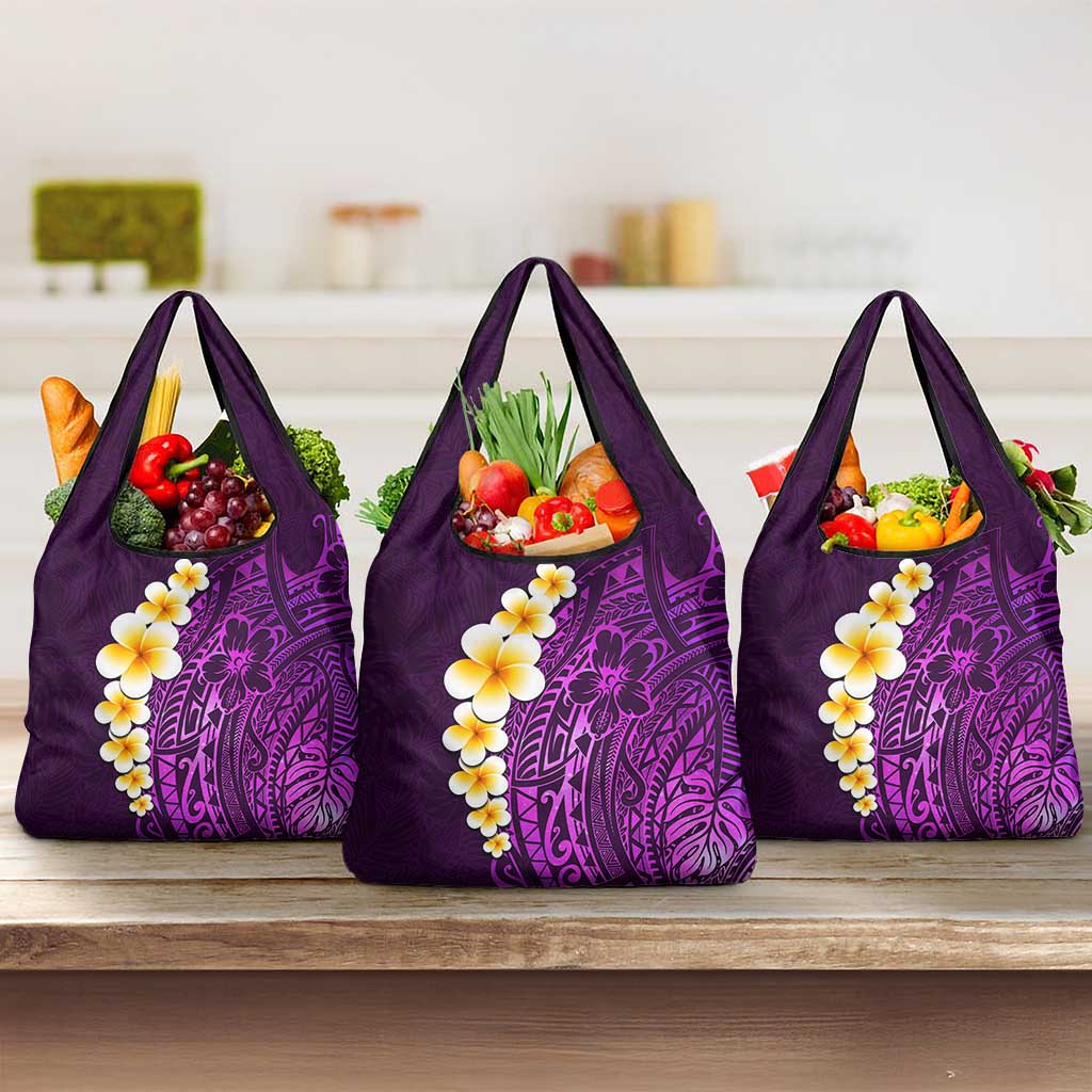 Purple Tropical Plumeria With Galaxy Polynesian Art Grocery Bag LT14 3-pack One Size Purple - Polynesian Pride