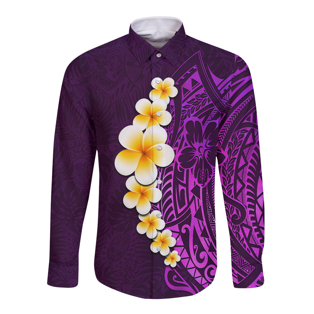 Purple Tropical Plumeria With Galaxy Polynesian Art Long Sleeve Button Shirt LT14 Unisex Purple - Polynesian Pride