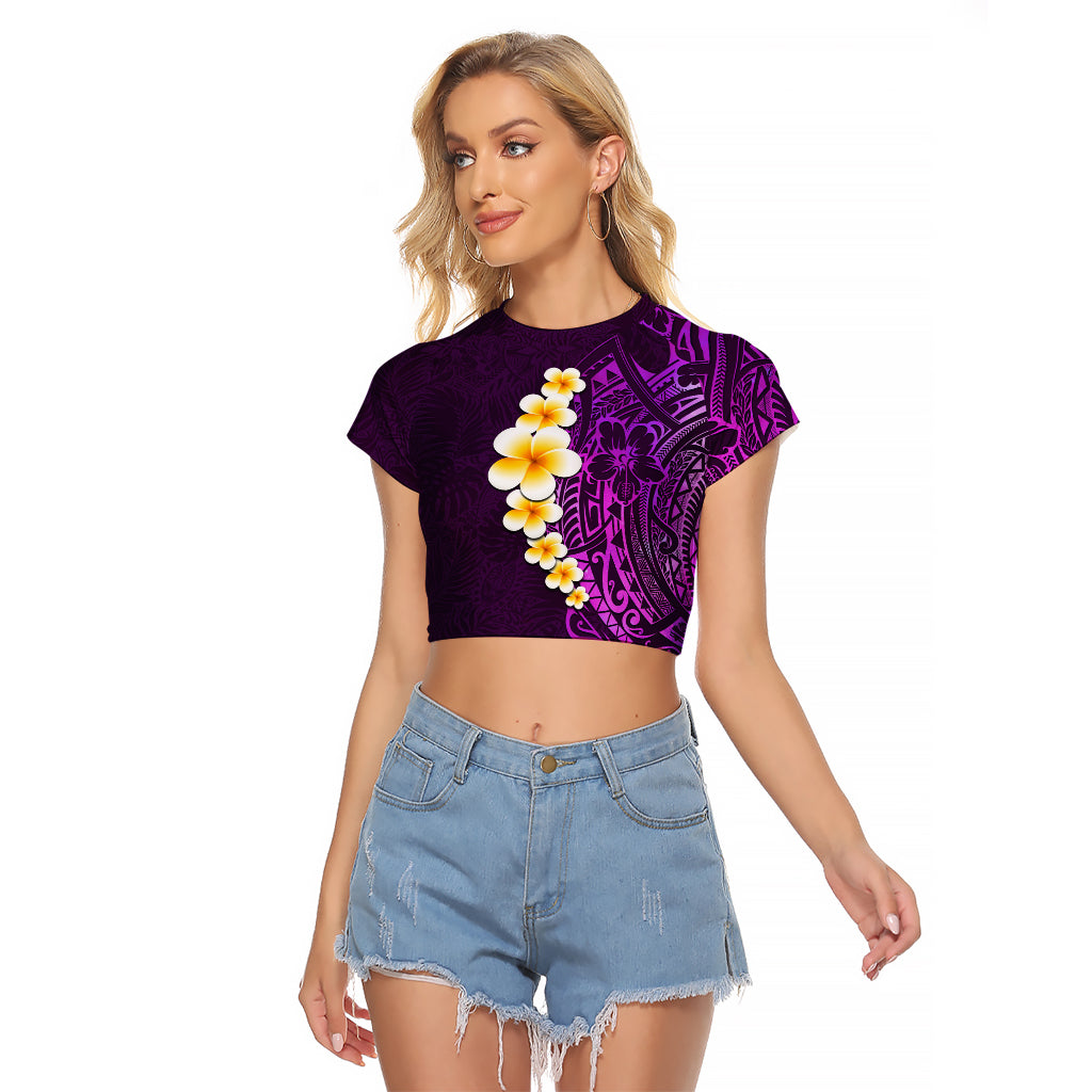 Purple Tropical Plumeria With Galaxy Polynesian Art Raglan Cropped T Shirt LT14 Female Purple - Polynesian Pride