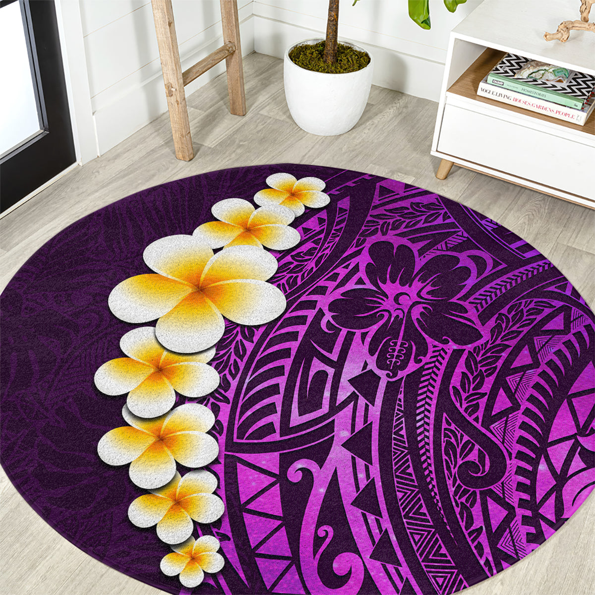 Purple Tropical Plumeria With Galaxy Polynesian Art Round Carpet LT14 Purple - Polynesian Pride