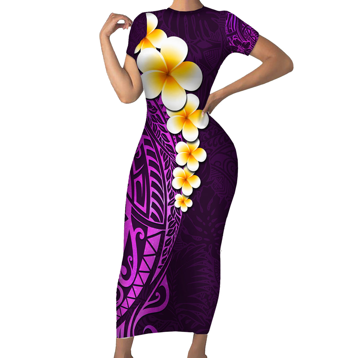 Purple Tropical Plumeria With Galaxy Polynesian Art Short Sleeve Bodycon Dress LT14 Long Dress Purple - Polynesian Pride