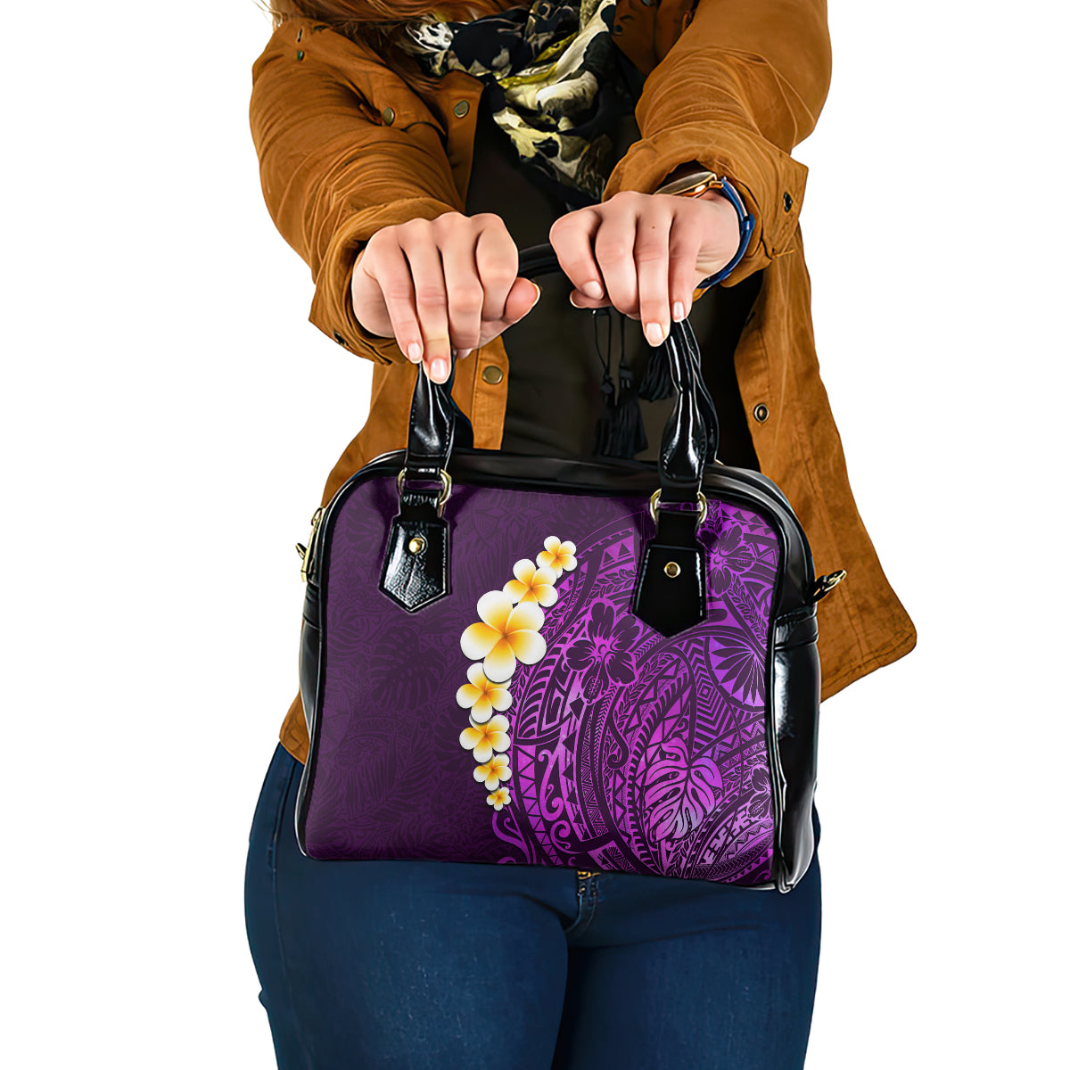 Purple Tropical Plumeria With Galaxy Polynesian Art Shoulder Handbag LT14 One Size Purple - Polynesian Pride