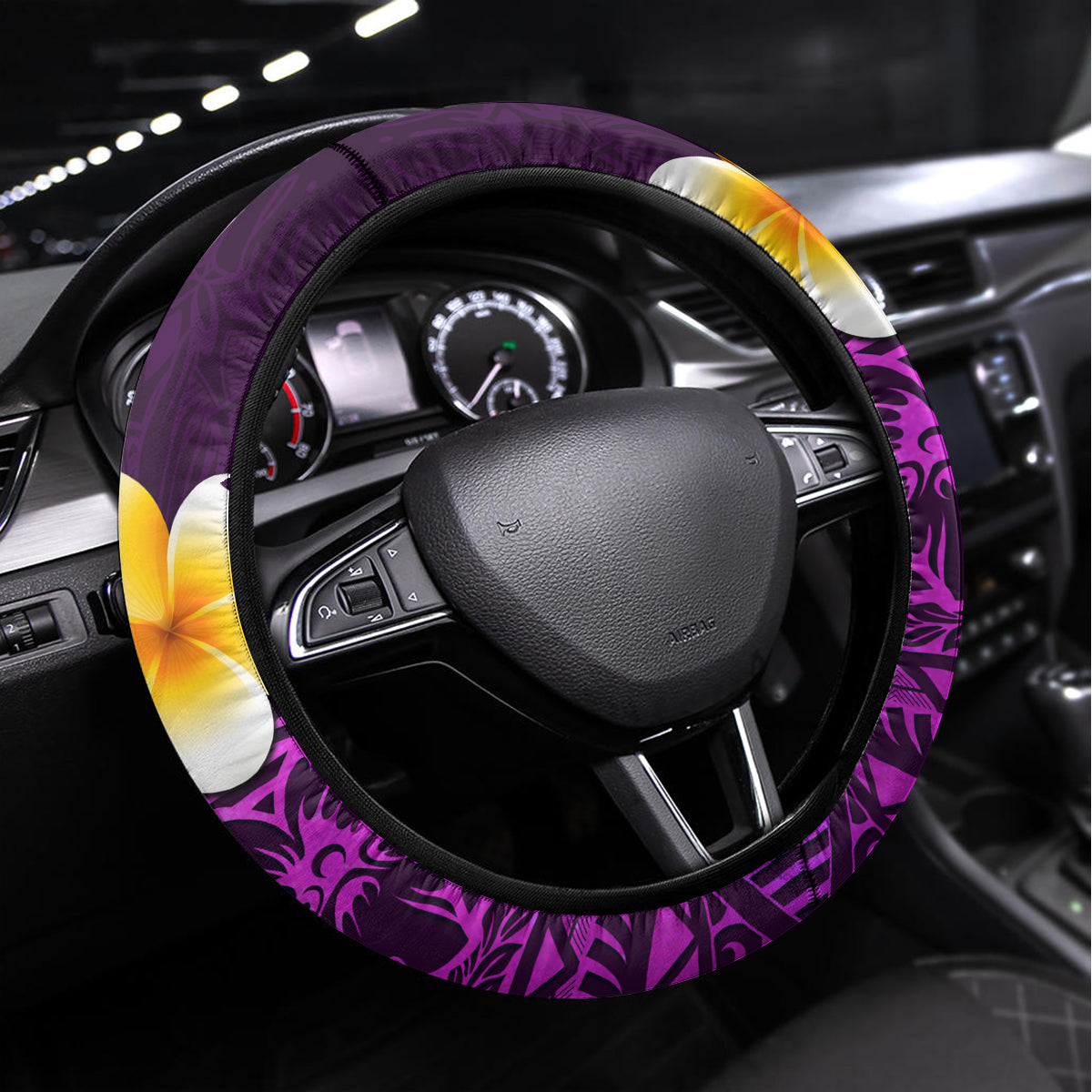 Purple Tropical Plumeria With Galaxy Polynesian Art Steering Wheel Cover