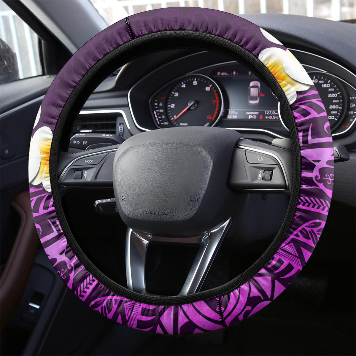Purple Tropical Plumeria With Galaxy Polynesian Art Steering Wheel Cover LT14 - Polynesian Pride