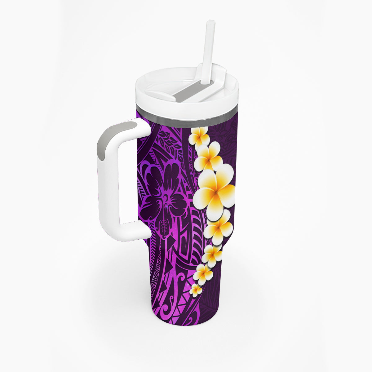 Purple Tropical Plumeria With Galaxy Polynesian Art Tumbler With Handle