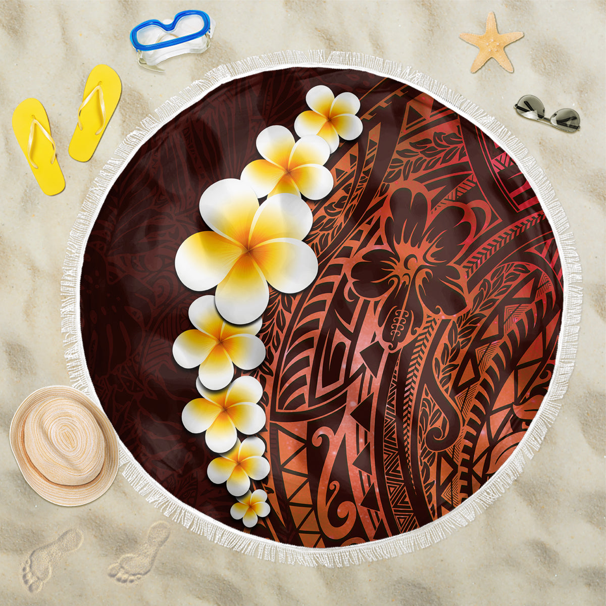 Red Tropical Plumeria With Galaxy Polynesian Art Beach Blanket LT14 One Size 150cm Red - Polynesian Pride