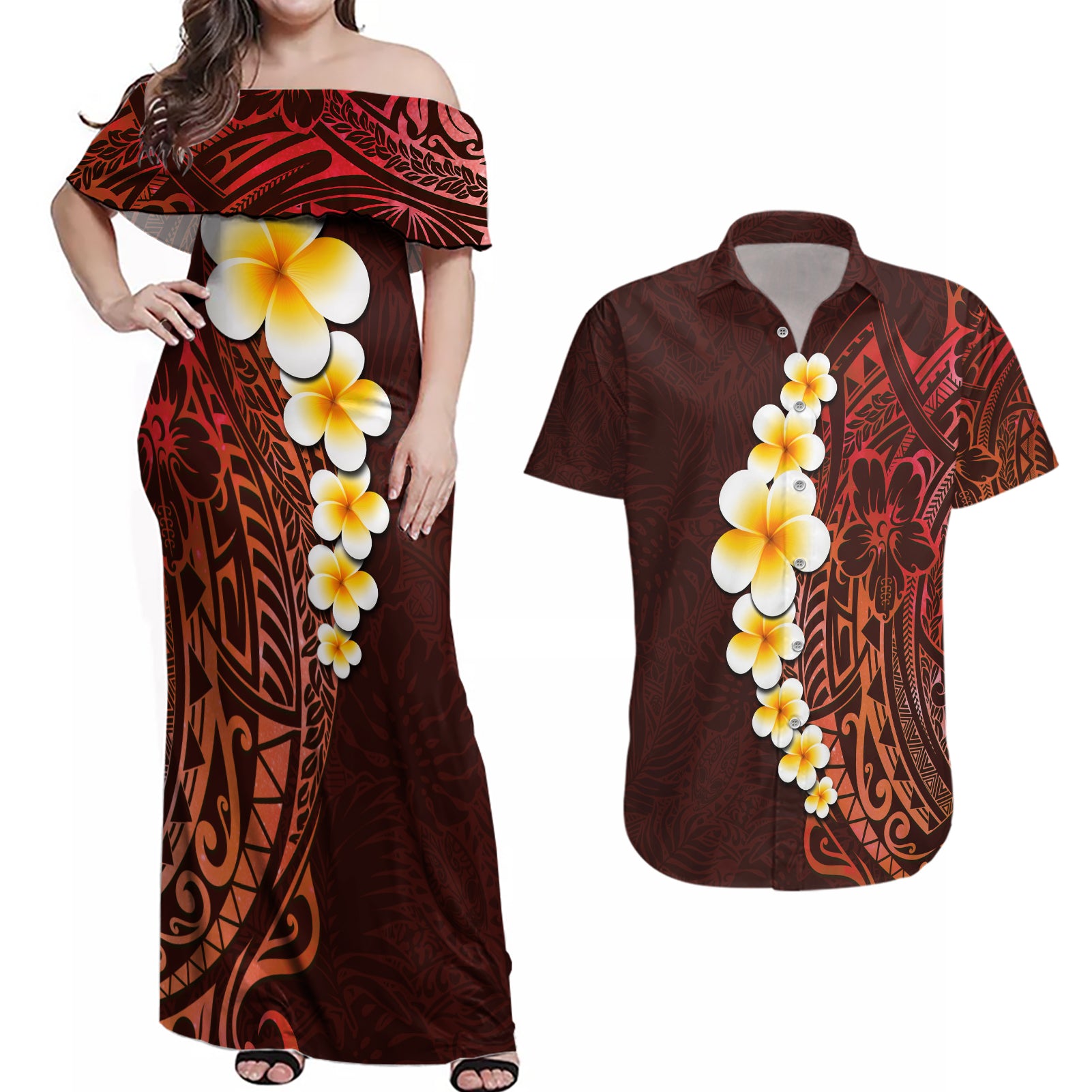 Red Tropical Plumeria With Galaxy Polynesian Art Couples Matching Off Shoulder Maxi Dress and Hawaiian Shirt LT14 Red - Polynesian Pride