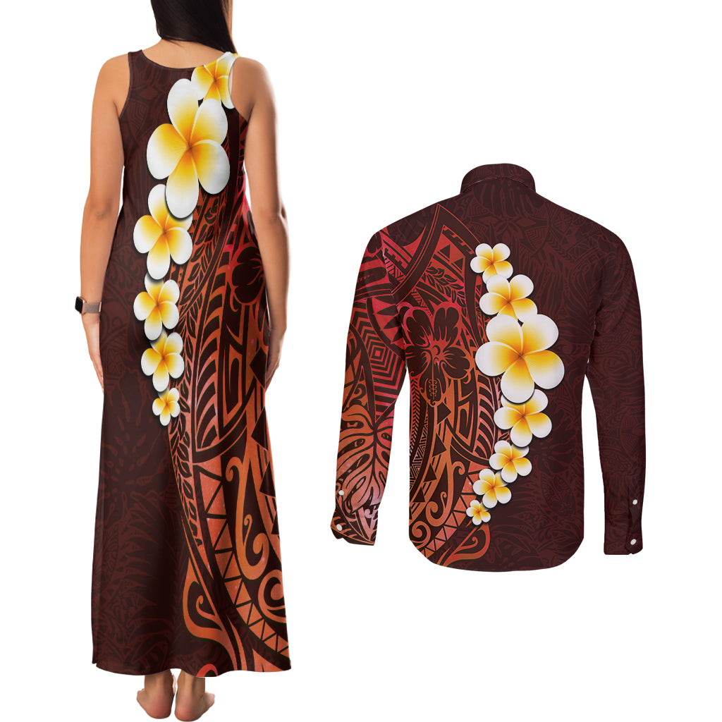 Red Tropical Plumeria With Galaxy Polynesian Art Couples Matching Tank Maxi Dress and Long Sleeve Button Shirt LT14 - Polynesian Pride
