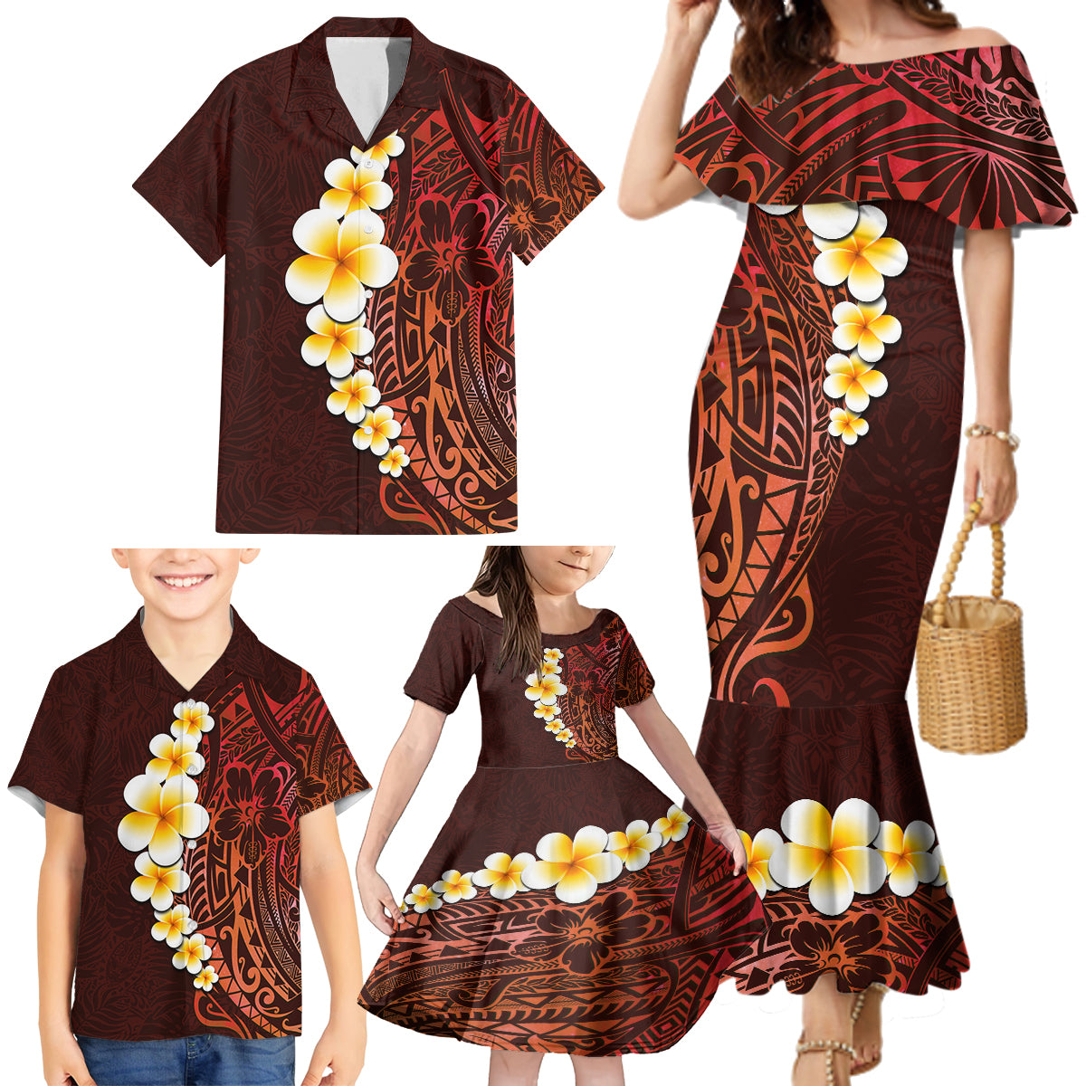 Red Tropical Plumeria With Galaxy Polynesian Art Family Matching Mermaid Dress and Hawaiian Shirt LT14 - Polynesian Pride