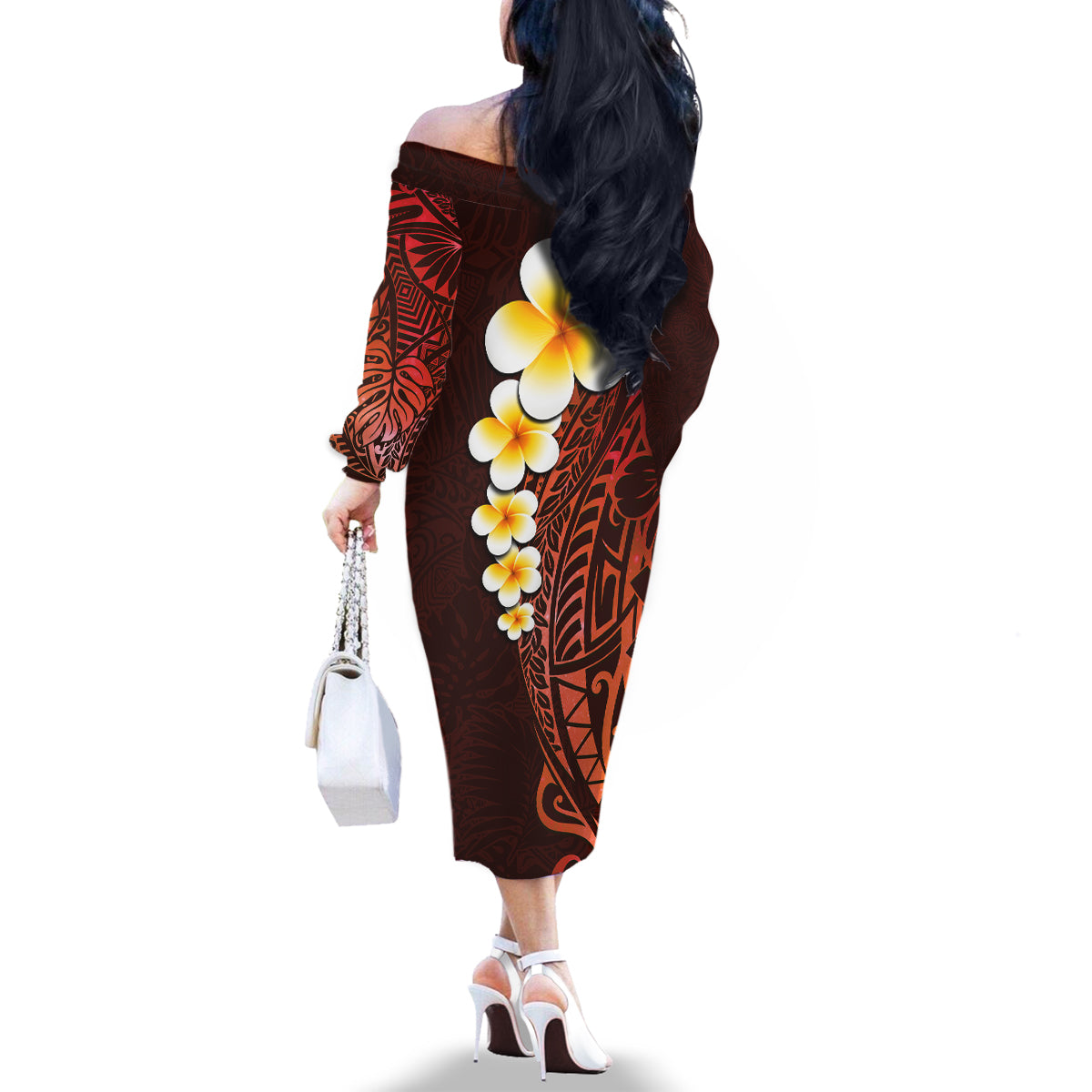 Red Tropical Plumeria With Galaxy Polynesian Art Family Matching Off Shoulder Long Sleeve Dress and Hawaiian Shirt LT14 - Polynesian Pride