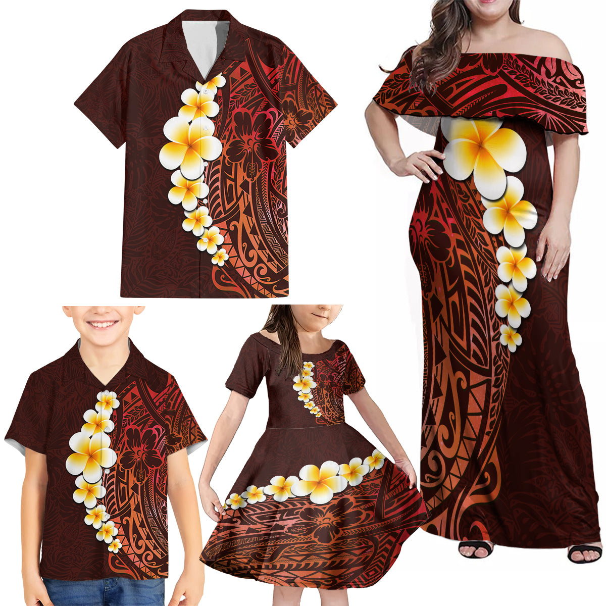 Red Tropical Plumeria With Galaxy Polynesian Art Family Matching Off Shoulder Maxi Dress and Hawaiian Shirt LT14 - Polynesian Pride