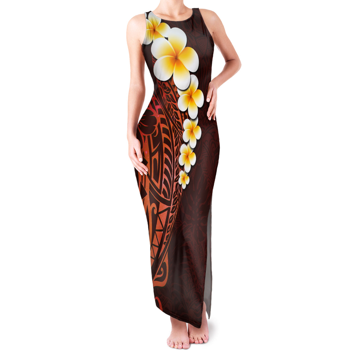 Red Tropical Plumeria With Galaxy Polynesian Art Family Matching Tank Maxi Dress and Hawaiian Shirt LT14 Mom's Dress Red - Polynesian Pride