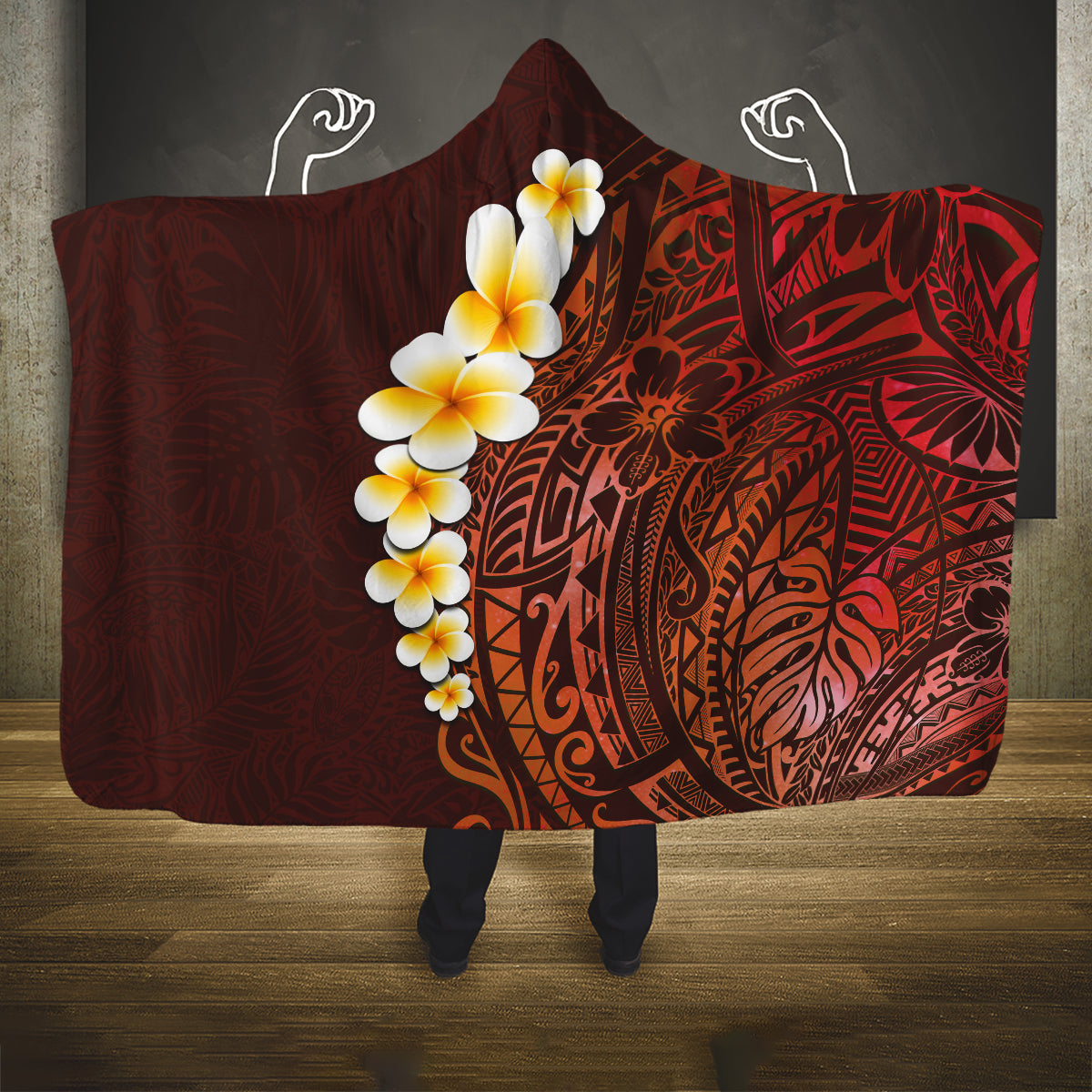 Red Tropical Plumeria With Galaxy Polynesian Art Hooded Blanket LT14 One Size Red - Polynesian Pride