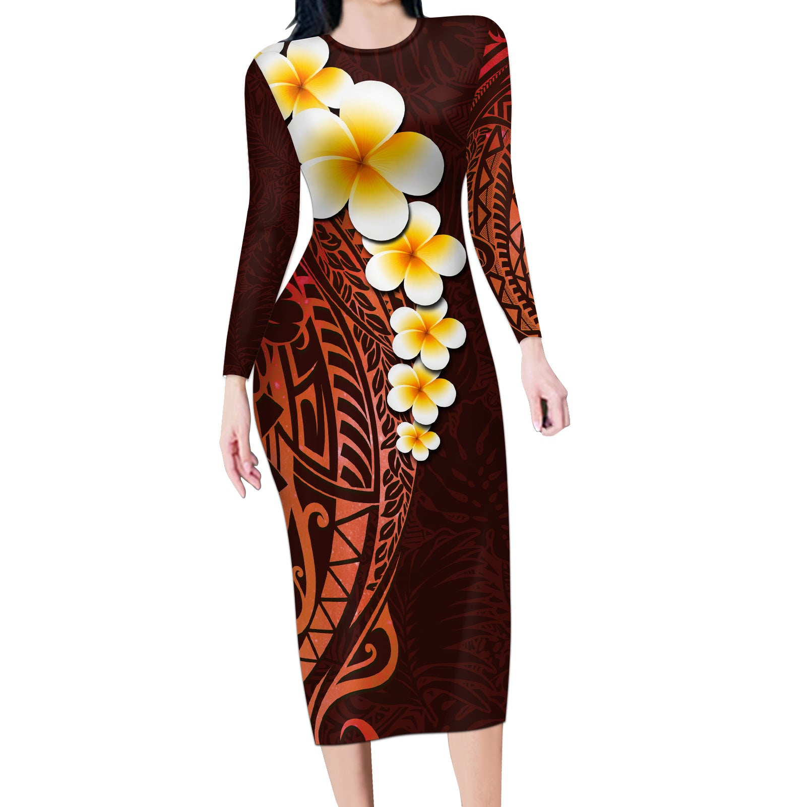 Red Tropical Plumeria With Galaxy Polynesian Art Long Sleeve Bodycon Dress LT14 Long Dress Red - Polynesian Pride