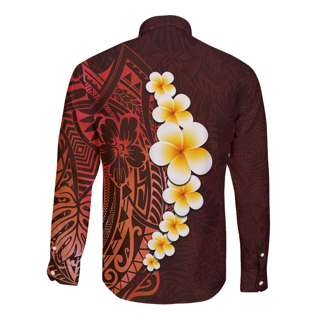 Red Tropical Plumeria With Galaxy Polynesian Art Long Sleeve Button Shirt LT14 - Polynesian Pride