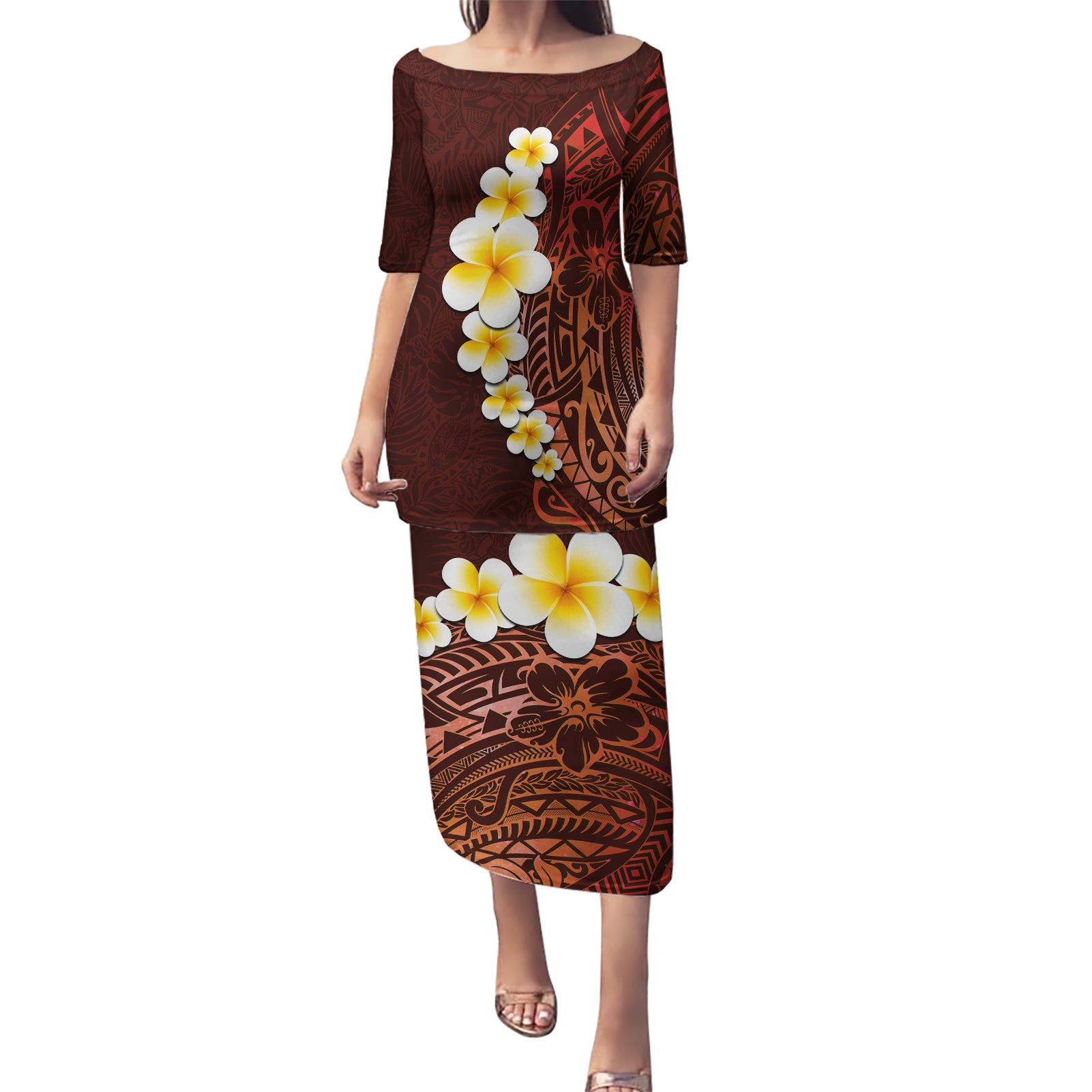 Red Tropical Plumeria With Galaxy Polynesian Art Puletasi LT14 Long Dress Red - Polynesian Pride