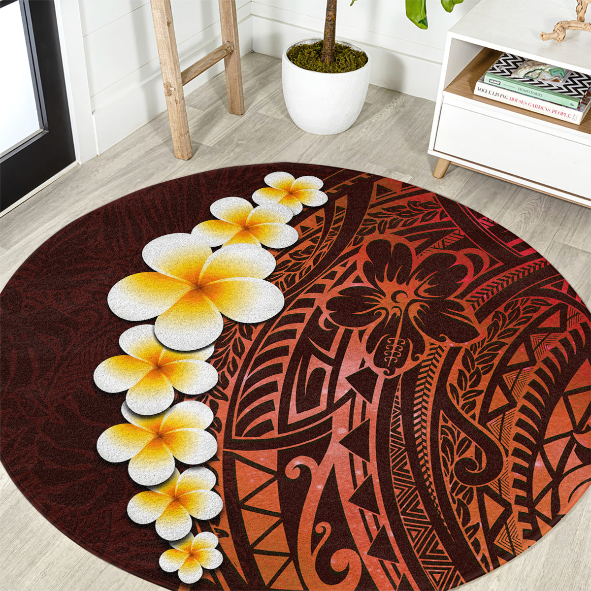 Red Tropical Plumeria With Galaxy Polynesian Art Round Carpet LT14 Red - Polynesian Pride