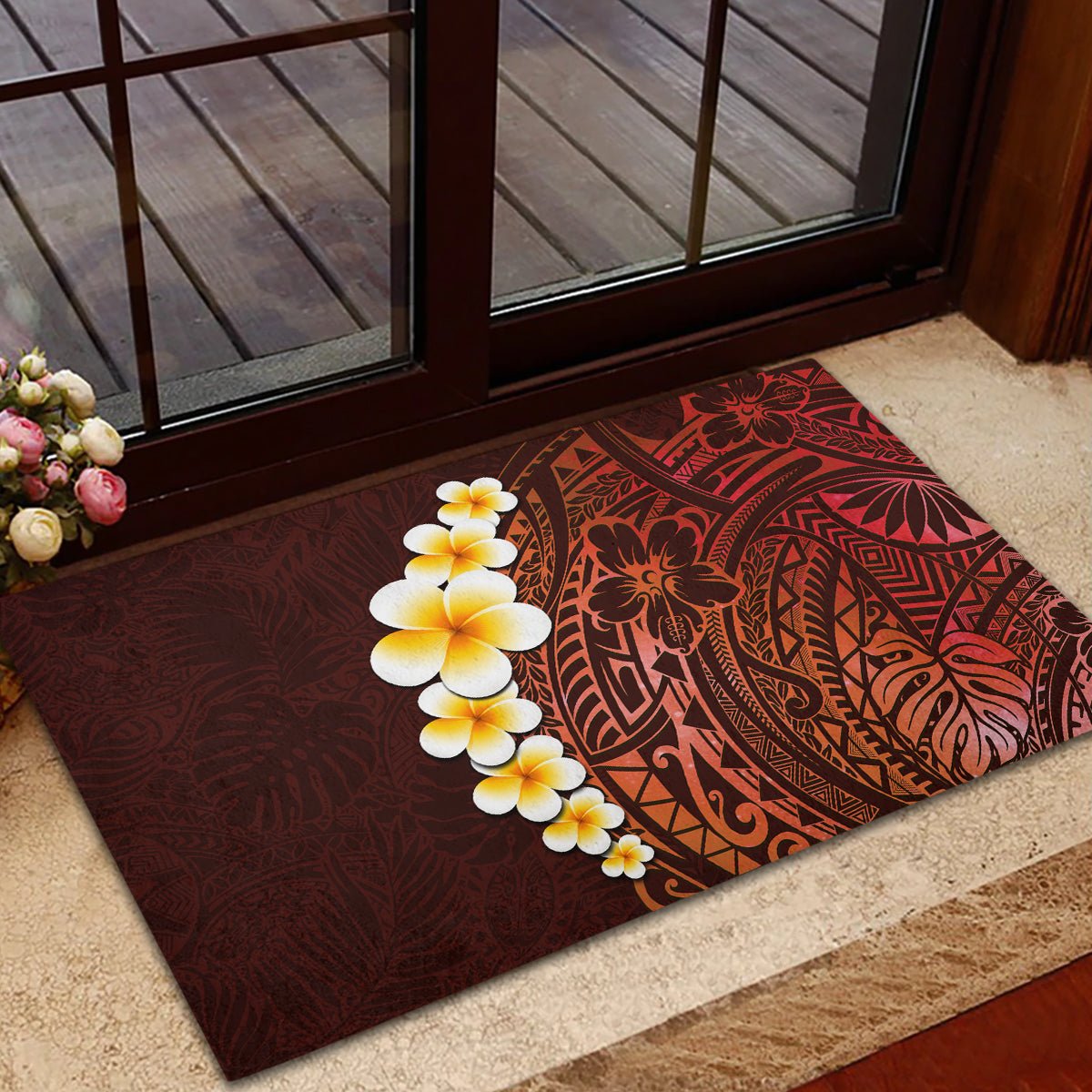 Red Tropical Plumeria With Galaxy Polynesian Art Rubber Doormat LT14 - Polynesian Pride