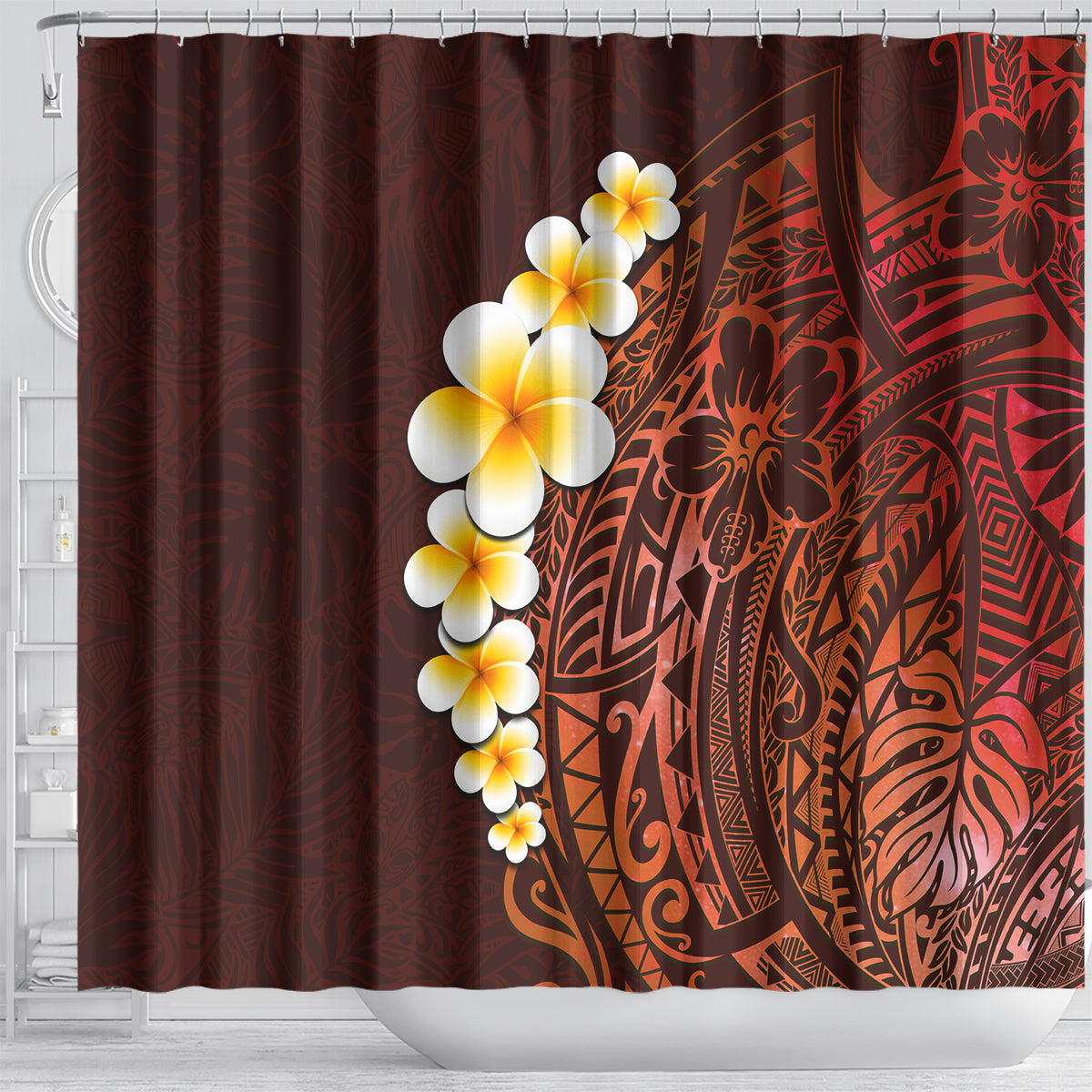 Red Tropical Plumeria With Galaxy Polynesian Art Shower Curtain LT14 - Polynesian Pride
