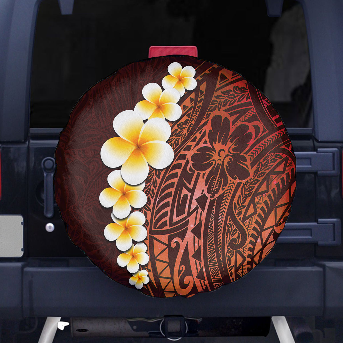 Red Tropical Plumeria With Galaxy Polynesian Art Spare Tire Cover LT14 Red - Polynesian Pride