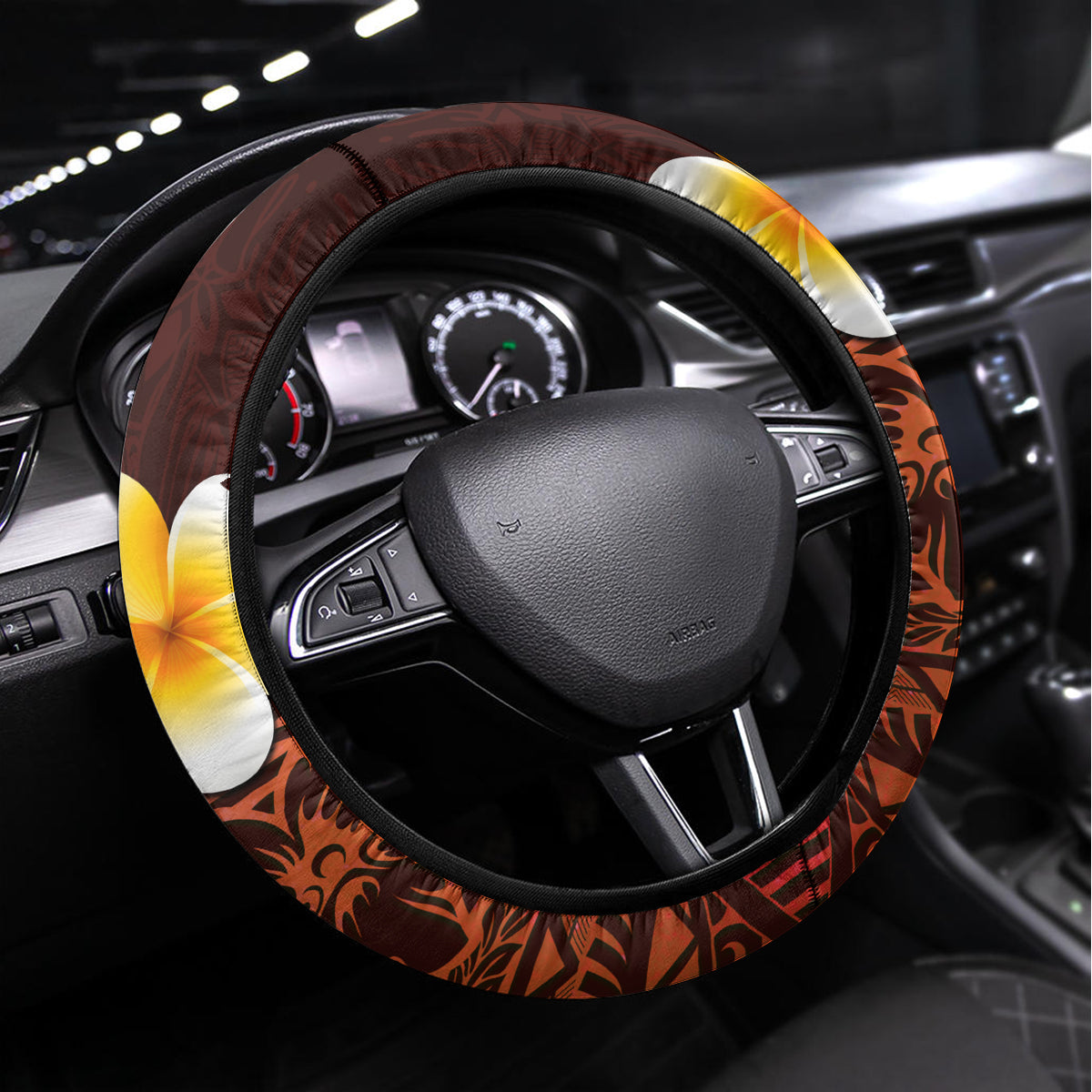 Red Tropical Plumeria With Galaxy Polynesian Art Steering Wheel Cover