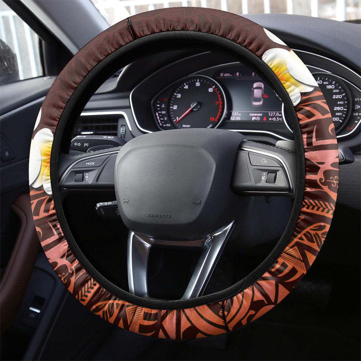 Red Tropical Plumeria With Galaxy Polynesian Art Steering Wheel Cover LT14 - Polynesian Pride