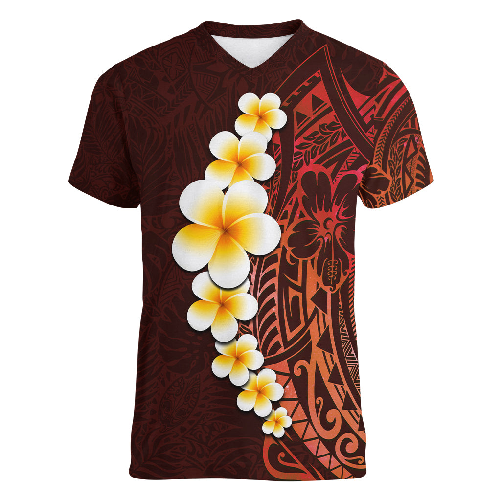 Red Tropical Plumeria With Galaxy Polynesian Art Women V Neck T Shirt LT14 Female Red - Polynesian Pride